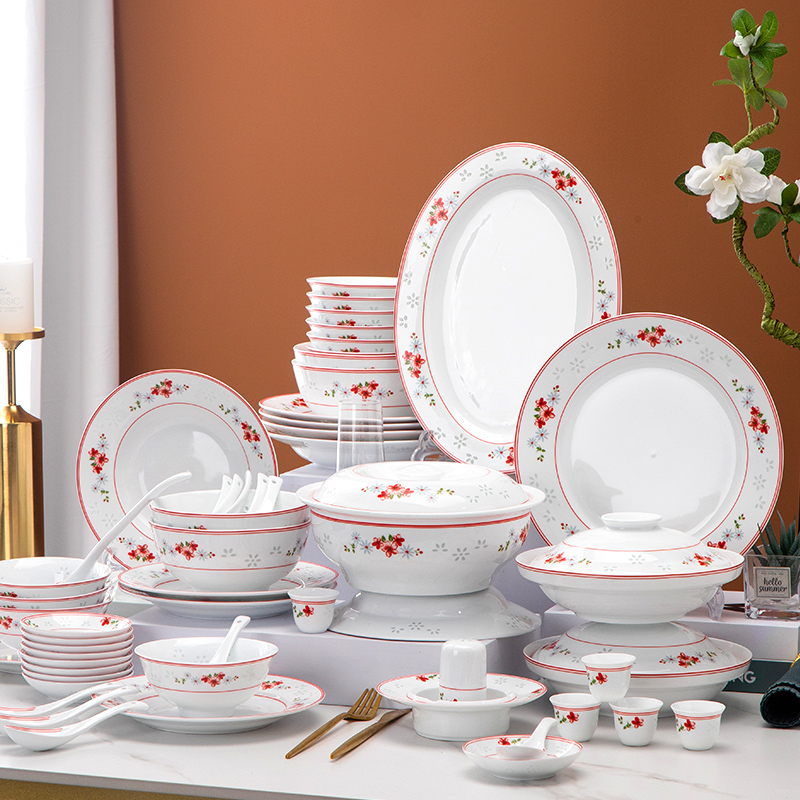 Red Leaf Porcelain Official Flagship Store 62 Head Emerald Glazed Tableware Jingdezhen ceramic Chinese Home Dish Suit