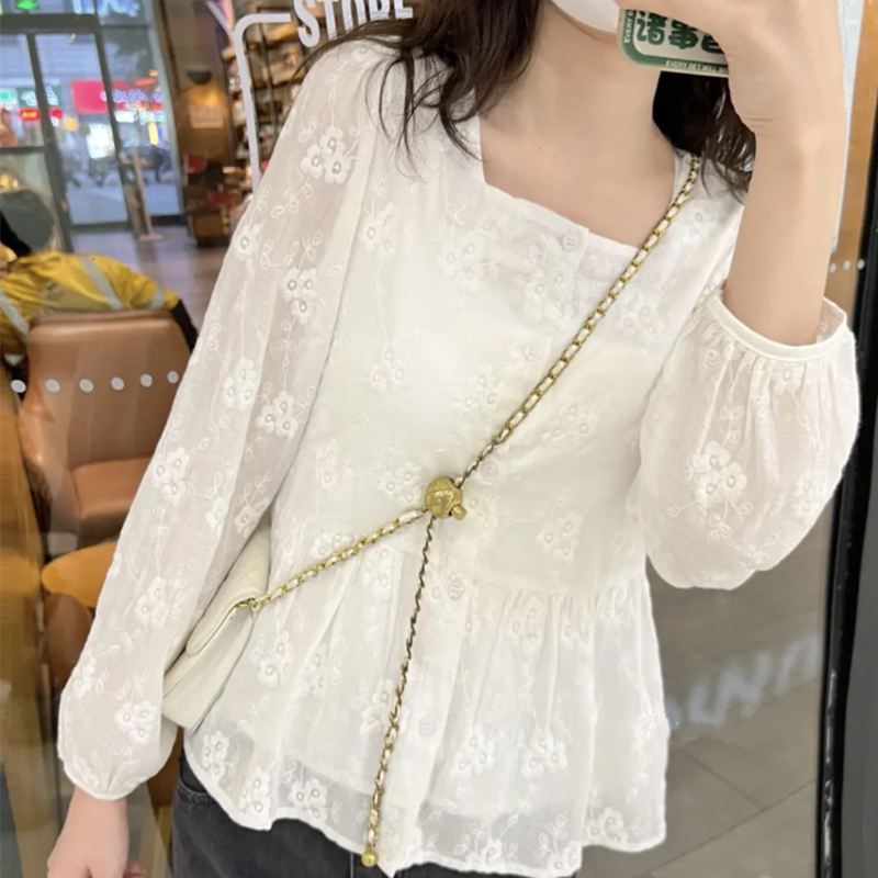 High-End Lace Waist-Cinching Top, Loose Chiffon Shirt for Women, Chic and Stylish, Flattering for the Tummy, with a Skirt-Like Hem, Spring Blouse High-End Lace Waist-Cinching Top, Loose Chiffon Shirt for Women, Chic and Stylish, Flattering for the Tummy, with a Skirt-Like Hem, Spring Blouse