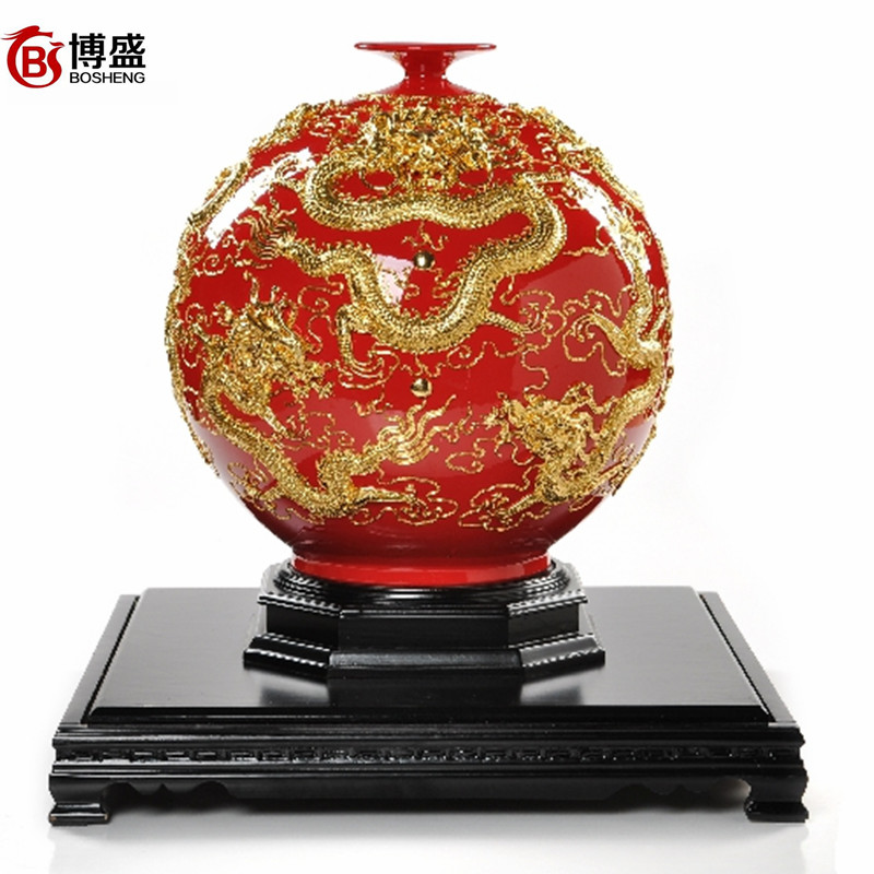 Xiamen Lacquer Line Carving Chinese Red Porcelain Vase Tiandiyuan Home Housewarming Wedding Gift Bosheng Ceramic Ornament