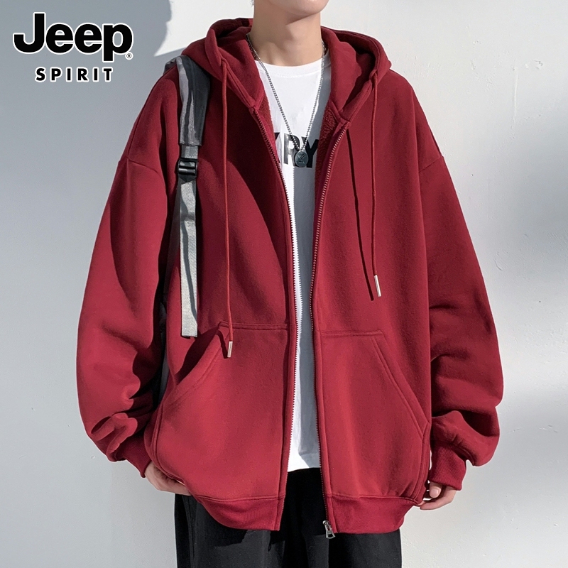 Jeep Spirit Burgundy Cardigan Sweatshirt Men's Spring and Autumn American-Style Hooded Trendy Brand Zodiac Year Jacket for Men Jeep Spirit Burgundy Cardigan Sweatshirt Men's Spring and Autumn American-Style Hooded Trendy Brand Zodiac Year Jacket for Men