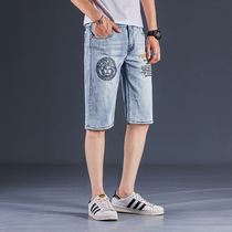 Medusa Personality Embroidered Denim Shorts Male Tide Card Summer Thin 100 lap 7 Elastic Straight Cylinder 50% Mid Pants