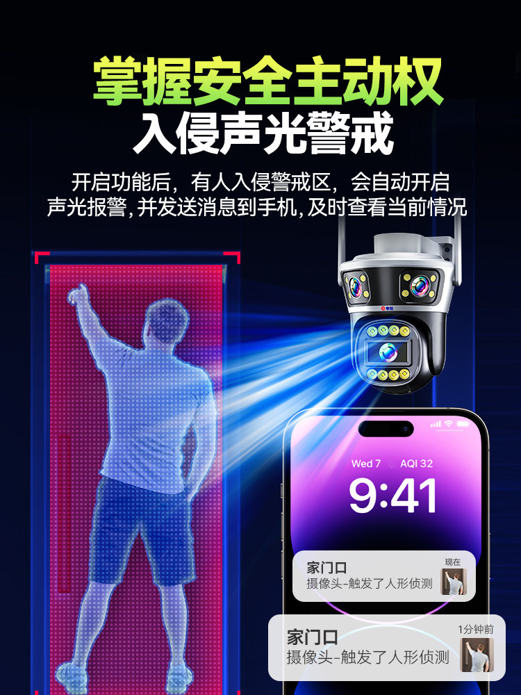 Three-Screen Wireless Camera, Outdoor Waterproof, Mobile Phone Remote Monitoring, Home Use, 360-Degree No Blind Spots, High-Definition Night Vision