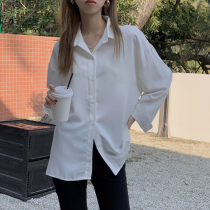 Spring 2021 new Korean version relaxed 100 lapped pure colour POLO collar Long sleeves shirt blouses female tide
