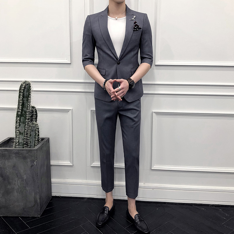 春夏季男士韩版修身西服套装潮流青年宴会商务休闲中袖西装两件套