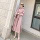 Long-sleeved pink dress 2023 spring and autumn new loose temperament shirt skirt female waist pphome skirt long skirt