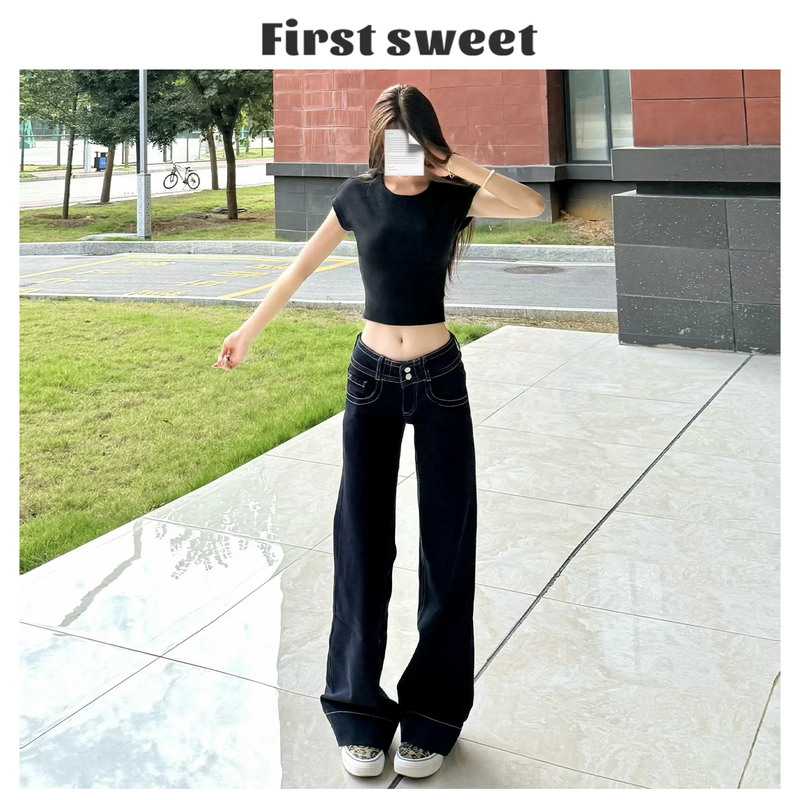 Denim Blue Low-Waisted Flared Jeans for Women, 2026 Summer New Style, American-Style Loose Fit, Slimming Straight-Leg Bell-Bottom Pants