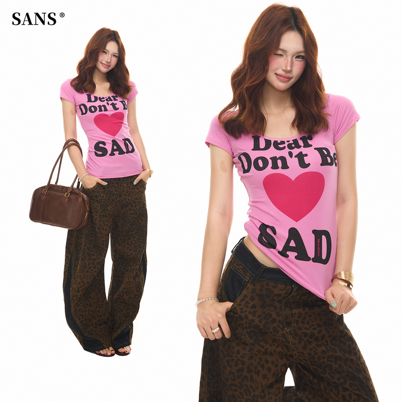 Sanowers American-Style U-Neck Heart Letter Print Short-Sleeve T-Shirt for Women, Summer Slim-Fit, Slimming, Hot Girl Style Short Top