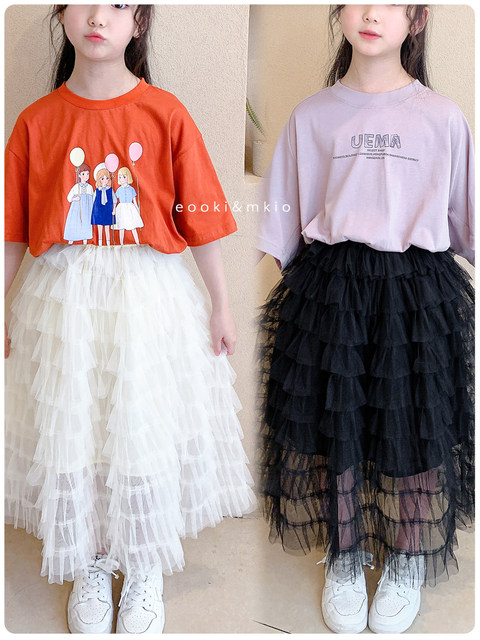 ເດັກຍິງຕາຫນ່າງ tutu skirt light luxury pleated cake skirt ເດັກນ້ອຍ skirt ຍາວ puffy ແນວໂນ້ມ summer