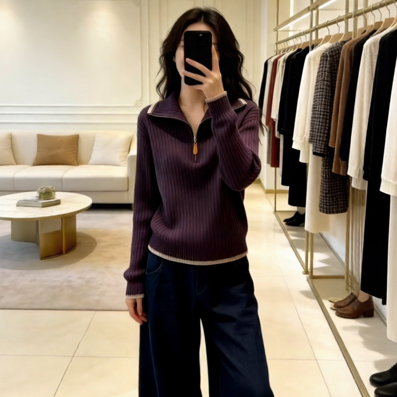 Super Stylish Long-Sleeved Sweater for Women for Everyday Wear, 2026 Spring and Autumn High-End Outerwear, Lazy Style Purple Knitwear