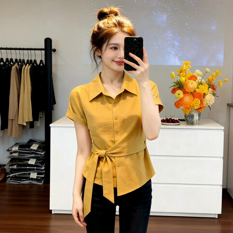 Trendy and Fashionable Lapel Tie-Waist Shirt for Women, 2026 Summer New Design, Unique and Versatile Stylish Top