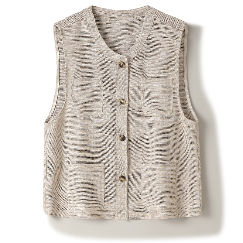 French-Style Hollow Linen Vest for Women in Summer, Loose Fit, Single-Breasted, Multi-Pocket, Breathable, Sleeveless, Knitted Outerwear Vest French-Style Hollow Linen Vest for Women in Summer, Loose Fit, Single-Breasted, Multi-Pocket, Breathable, Sleeveless, Knitted Outerwear Vest