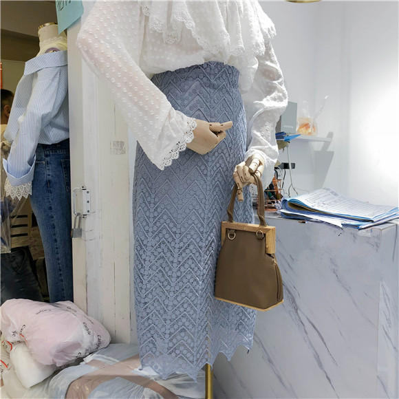 2019 Hàn Quốc ulzzang hè mới thon eo cao váy ren nữ dài đoạn túi hông bước váy - Váy chân váy suông