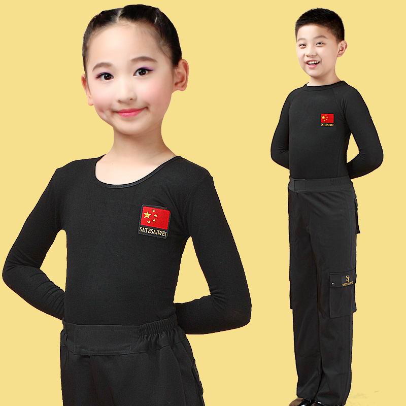 Boy big boy Latin dance suit pocket pants suit Black short sleeve Girl children practice dance suit Dance certification exam suit