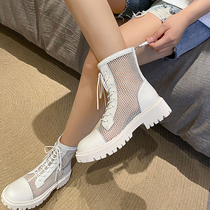 Genuine leather mesh yarns Martin boots Summer thin ladies heightening short boots Summer breathable mesh shoes breathable mesh surface hollowed-out boots