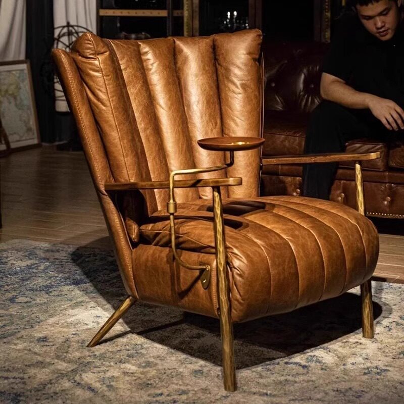 Vintage American-Style Wrought Leather Cigar Sofa Chair, Single-Seat Retro Leisure Chair for the Living Room, Genuine Leather Godfather Tiger Lounge Chair Vintage American-Style Wrought Leather Cigar Sofa Chair, Single-Seat Retro Leisure Chair for the Living Room, Genuine Leather Godfather Tiger Lounge Chair