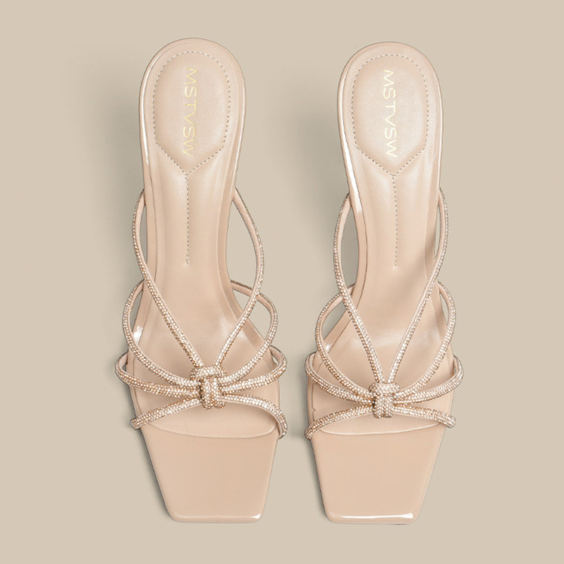 Calbou Kimct【Starlight Girl】Crossed Diamond-Studded Nude Square-Toe Stiletto Sandals That Are Comfortable and Won'T Tire Your Feet