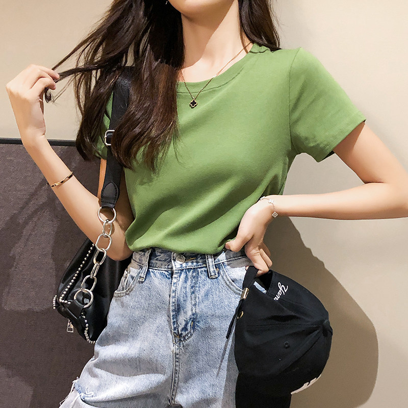 Hong Kong Tide Butter Fruit Green Shirt Short Sleeves 2023 Han - Edition Summer decoration pure cotton Matcha Green Cotton Cotton Cotton Hundred Cotton Tops