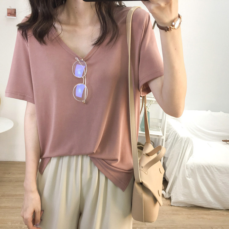 2021 new summer cool copper ammonia silk thin large U-neck short-sleeved T-shirt women loose fashion all-in-one base shirt tide