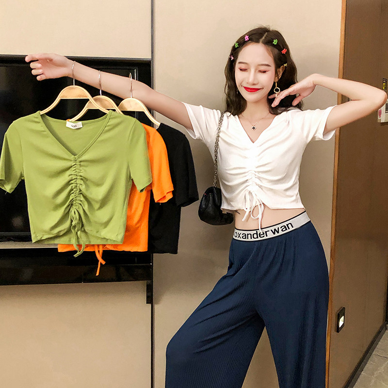 Hong Kong Chauded V collar 2021 new Korean version Summer clothing High waist short version T-shirt woman short sleeve sashimi with rope and dew