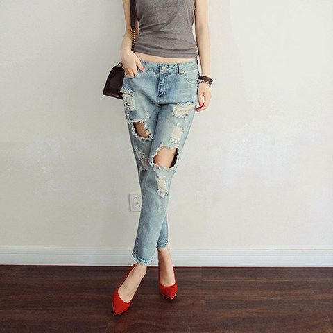 Hong Kong Tide Summer New Knee Breaking Hole Jeans Women Loose BF Beggar 90% Pants Small Foot Down Pants Kharen Pants