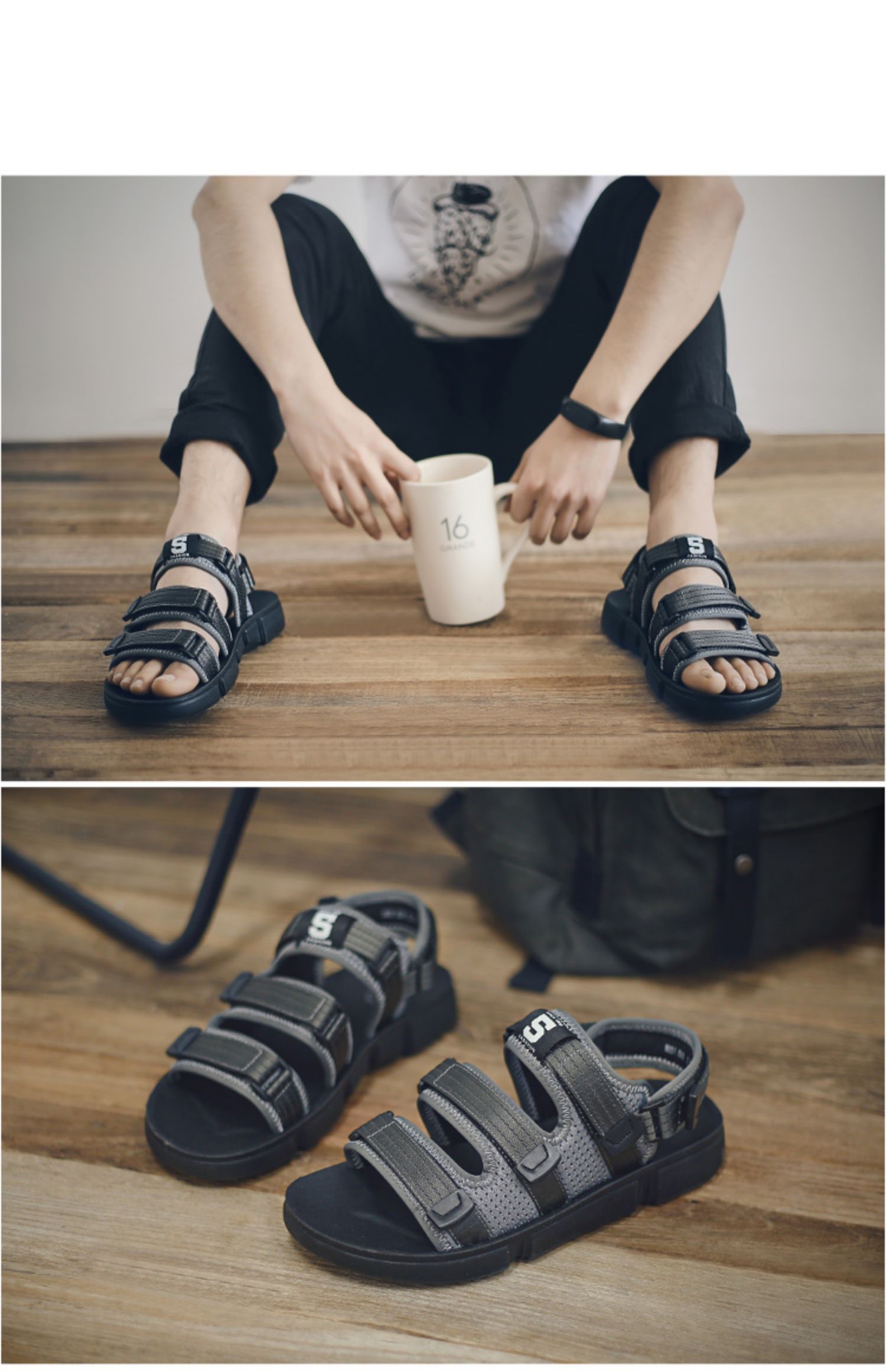 Quần lưới màu đỏ đế thủy sinh viên Velcro dép chống trượt giày thể thao ngoài trời giày đế mềm nam bên ngoài mang nam - Sandal shop giày nam đẹp