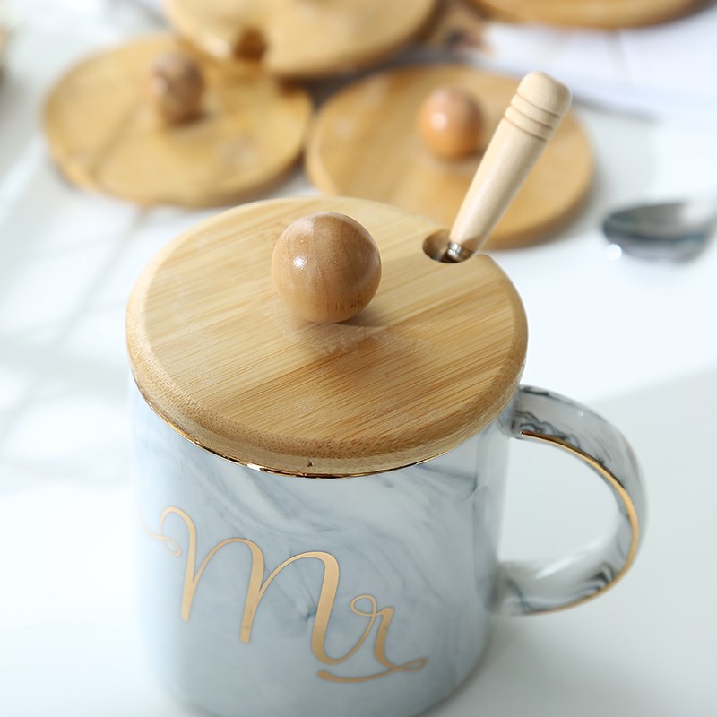 Round universal wooden mug with top cup lid ceramic glass cup lid cup spoon solid wood spoon handle stainless steel