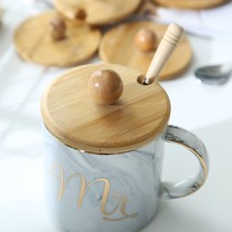 Round Universal with top cup lid wooden mug ceramic glass lid Cup spoon solid wood spoon handle stainless steel