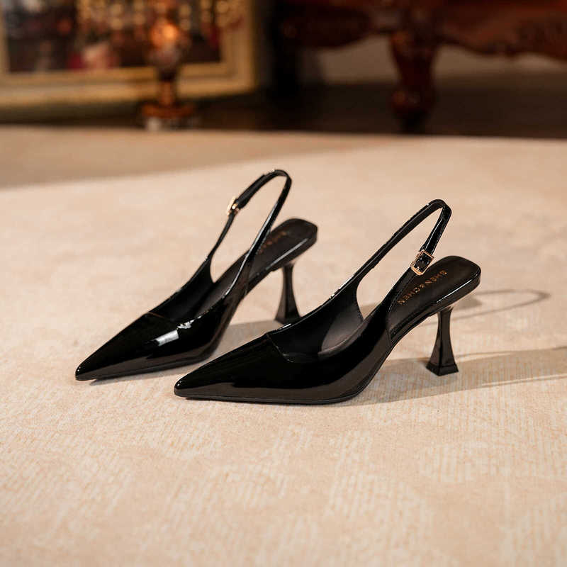 2026 Summer New Pointed Toe High Heels Women's Stiletto Open Back Peep Toe Sandals Black Patent Leather Ankle Strap Single Shoes
