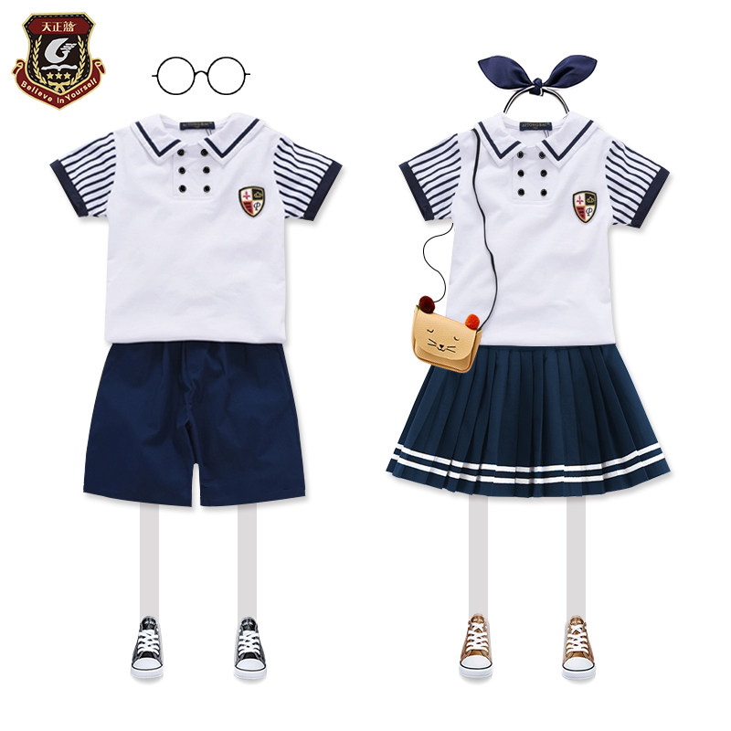 Kindergarten Landscaped Summer Suit Hundred Pleats Skirt Sea Army Wind Children Class Clothing Plain Jacket Bronzed EU Economy