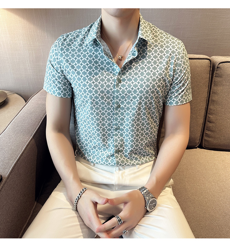 Description Picture 5 of itemSummer New Classics Elastic Short Sleeve Lattice Shirts For Men Clothing Business Formal Wear Slim Fit Casual Prom Tuxedo Dress