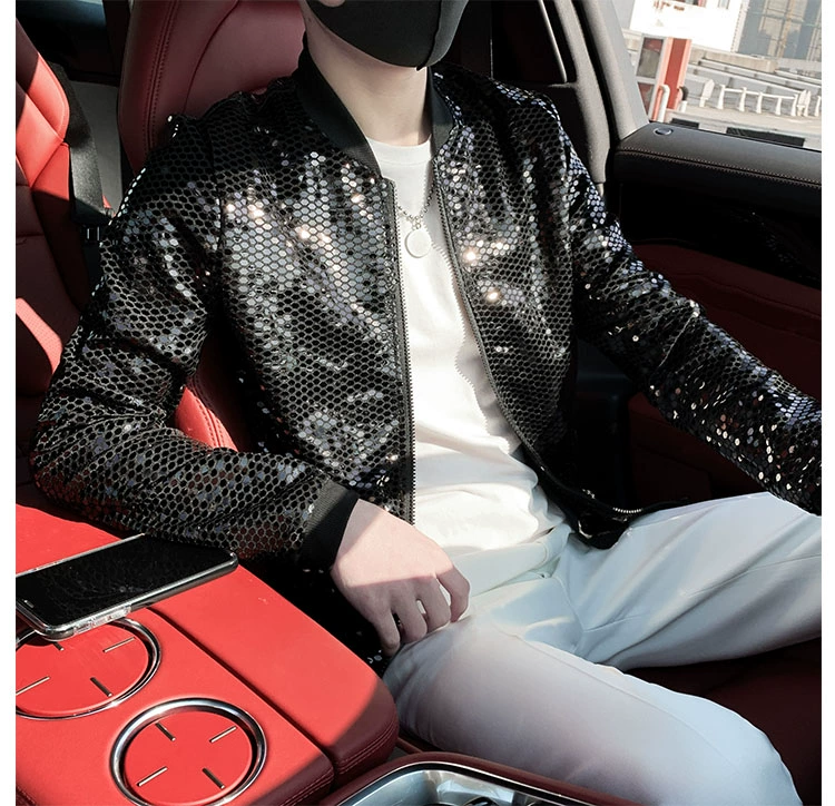 jean jacket men New Sequined Bomber Jacket Men Shiny Sequins Long Sleeve Glitter Zipper Coat Hip Hop Loose Night Club Stage Streetwear Coats blazer coat