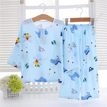 Summer mens and womens childrens seven-point sleeve cotton silk pajamas Children breathable baby air conditioning clothes Long-sleeved cotton home clothes pajamas