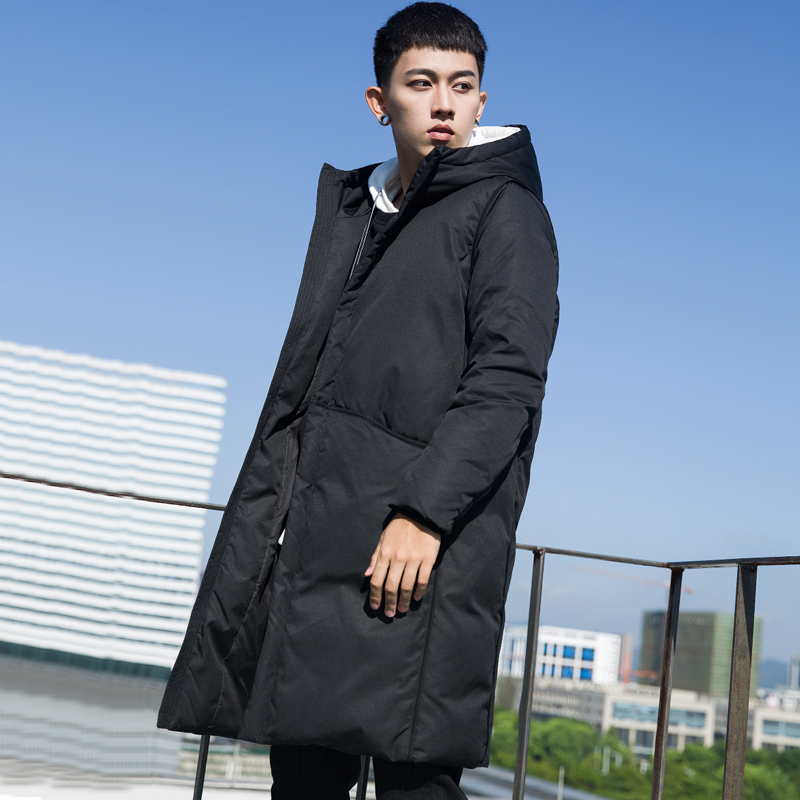 2021 Winter new down jacket Men's long version thickened with cap youth handsome and trendy knee jacket