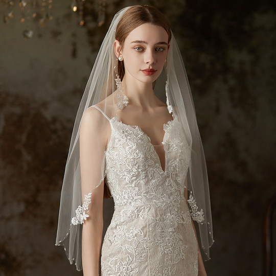 V780法式新娘头纱领证 超仙白色蕾丝单层高级感婚礼拍照结婚头饰