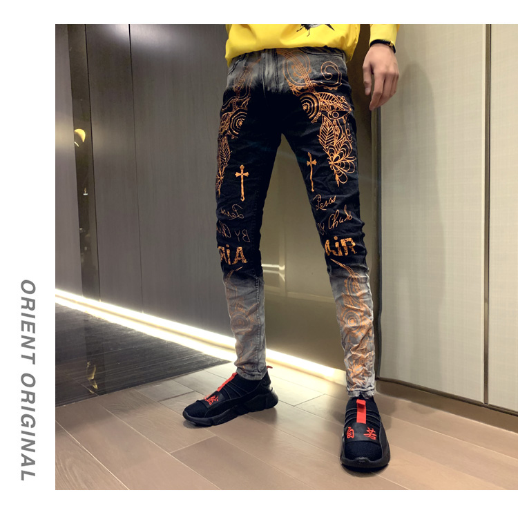 Quần mùa thu nam Hàn Quốc phối màu quần jeans nam thủy triều thương hiệu cá tính chân hoang dã Quần jeans nam quần ống căng - Quần jean quần bò nam