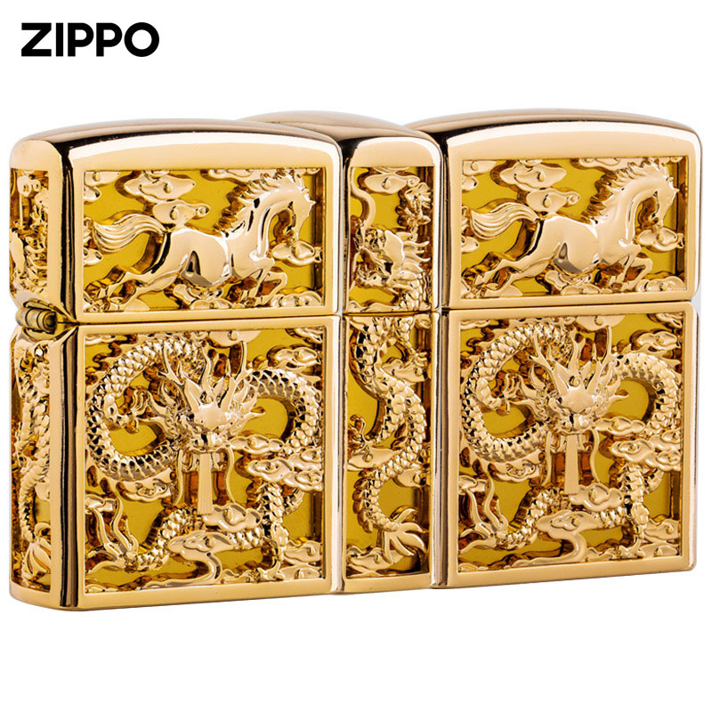Original zippo Lighter Genuine zipoo Gold plated Silver Heavy armor Dragon Horse Spirit Men's thickened shell