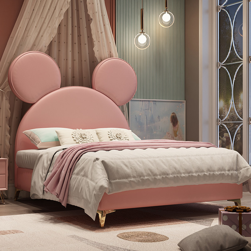 Light luxury children's bed girl solid wood frame soft leather bed pink princess bed bedroom children's furniture combination set