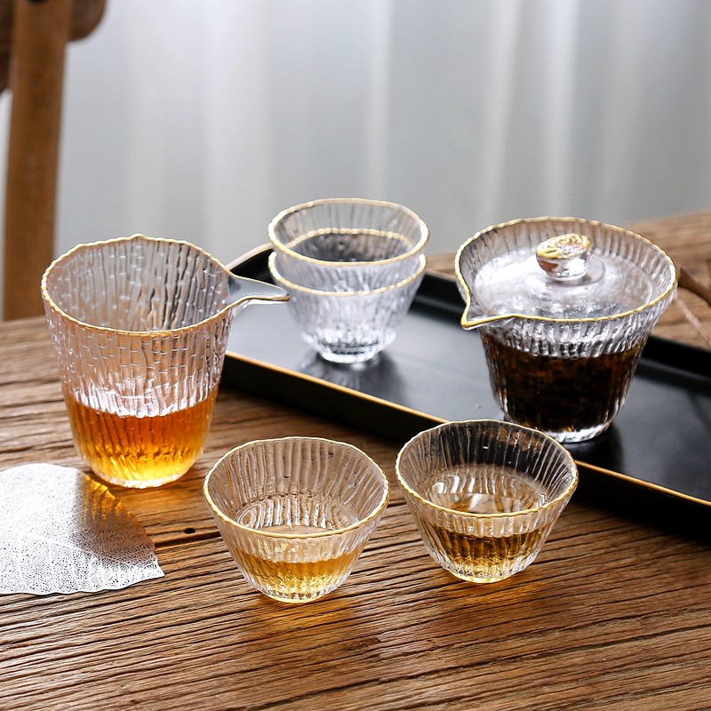 Hammer-printed glass tea set set of household filter kung fu tea set fair cup tea breaker tea cup high temperature tea-making device
