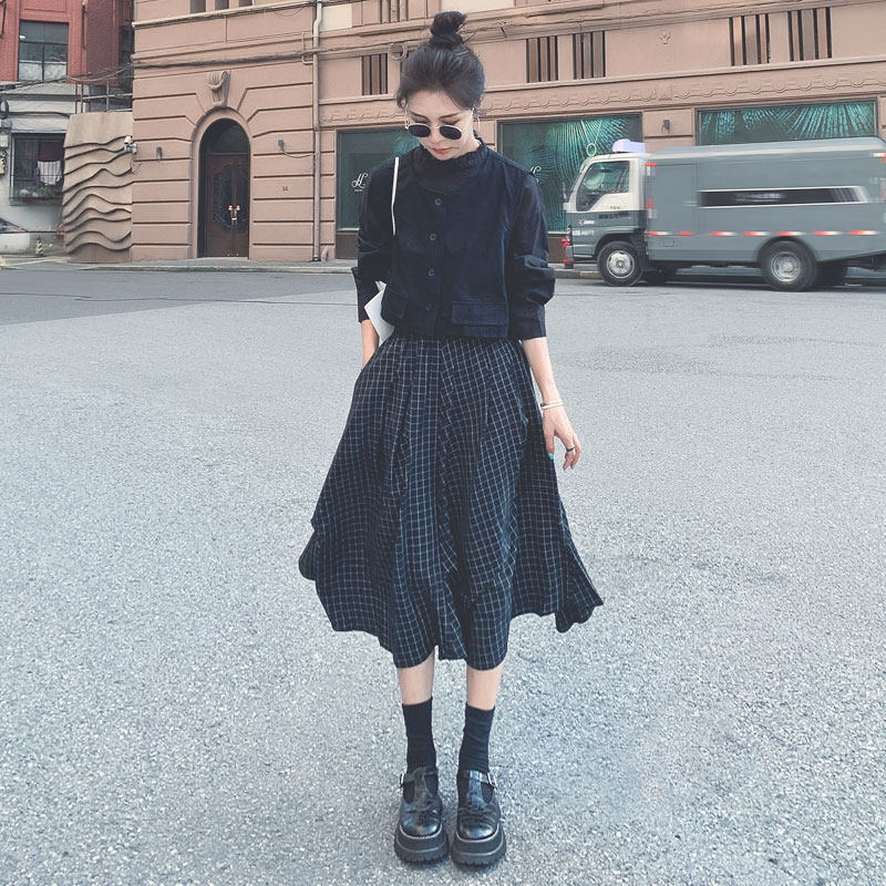 Herben Windward Dress Long Sleeve Fall 2023 New Cashew Temperament Waistcoat Plaid Half Body Dress Three Suits-Taobao