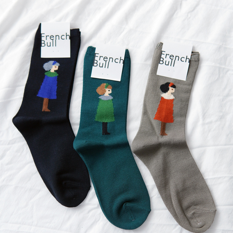 Japanese-Made Cotton Mid-Calf Socks'Boy and Girl Couple' French Bull