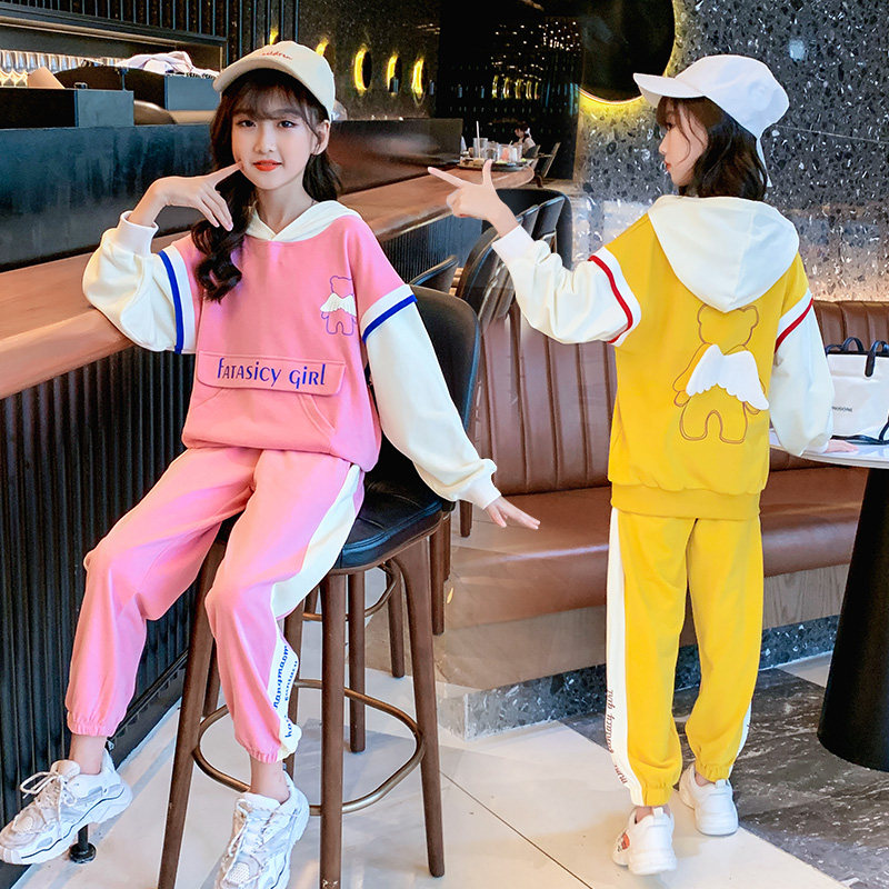 Middle and large girls autumn suit 2022 spring children's clothing girls sports hooded sweatshirt two-piece children's suit