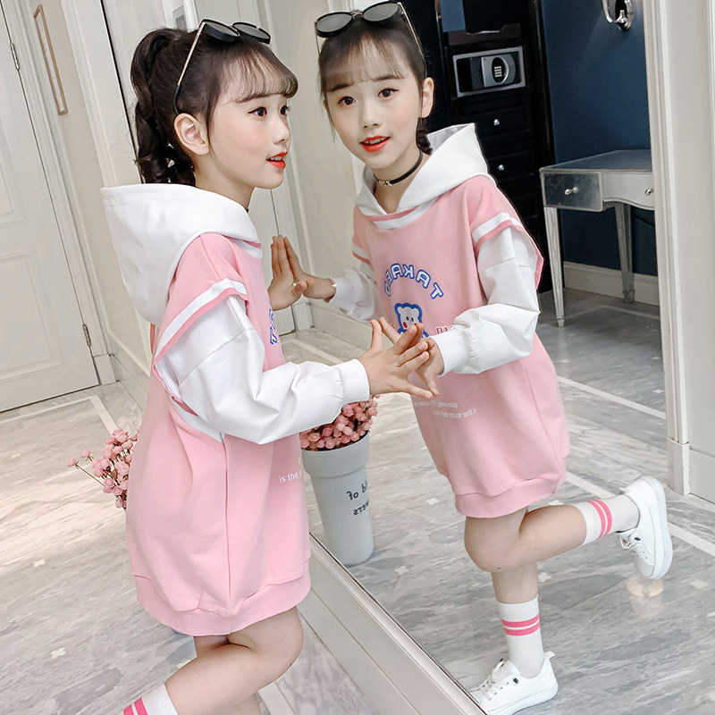 Girls hooded sweatshirt mid-length autumn 2022 new children's sweater girls fake two-piece medium and large children's clothing coat