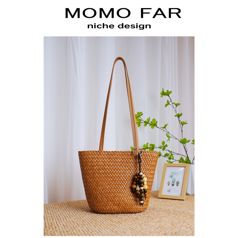 Momofar New First-Layer Cowhide Hand-Woven Basket Bag, Beach Vacation Genuine Leather Shoulder Underarm Bag