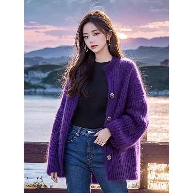Dark Purple Knit Cardigan, Autumn and Winter 2024 Style, Soft and Lazy Style, Grape Purple Sweater Jacket for Women, Thick