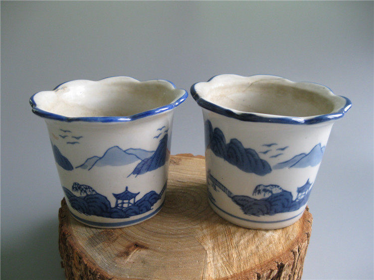 80's ceramic porcelain handmade blue and white landscape family pattern small flower pot old bonsai pot succulent pot pot retro