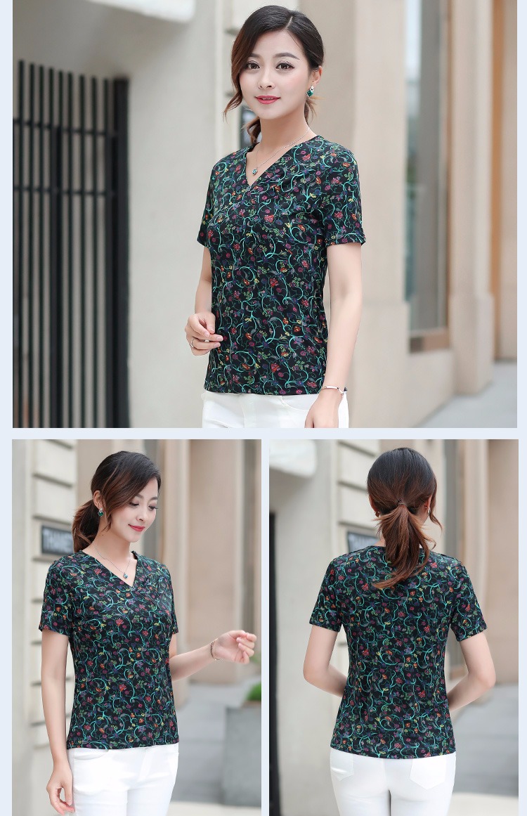 Áo sơ mi nữ trung niên mùa hè lụa ngắn tay áo sơ mi lụa nữ in lụa mỏng giảm béo - Áo phông áo thun cotton nữ
