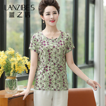 Middle-aged and elderly summer mulberry silk size T-shirt temperament mother silk round neck short sleeve slim printed womens top