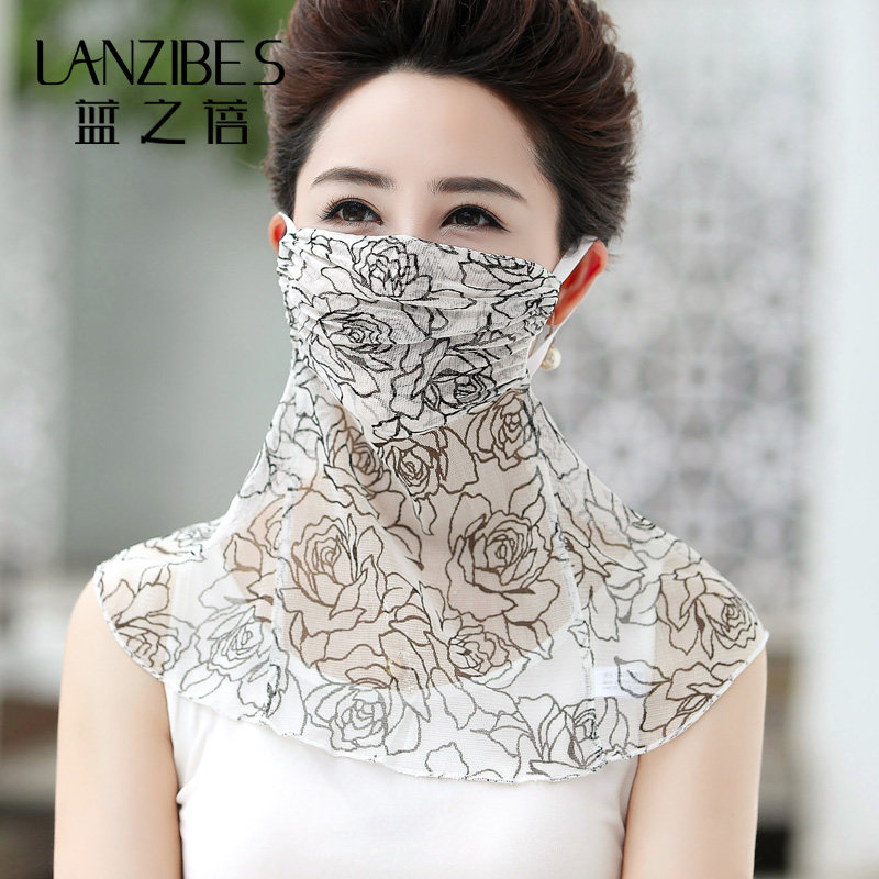 Silk mesh mask bib sleeve thin shawl summer mulberry silk face covering scarf print ear hanging veil scarf