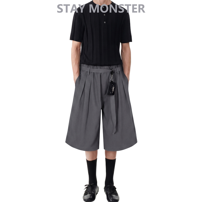 Stay Monster "With Built-In Belt" Pleated Workwear Cropped Pants Old Money Style Loose Straight Mid-Length Pants for Men Stay Monster "With Built-In Belt" Pleated Workwear Cropped Pants Old Money Style Loose Straight Mid-Length Pants for Men