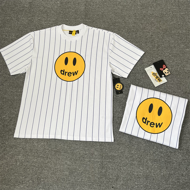 Drew Cnm Stripesd Smiley Face Logo Printed Short-Sleeved Women's ins Loose Round Neck Couple Pure Cotton High Street Fashion Brand T-Shirt